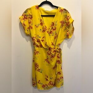 All in Favor | Mini Floral Yellow Wrap Dress, XS